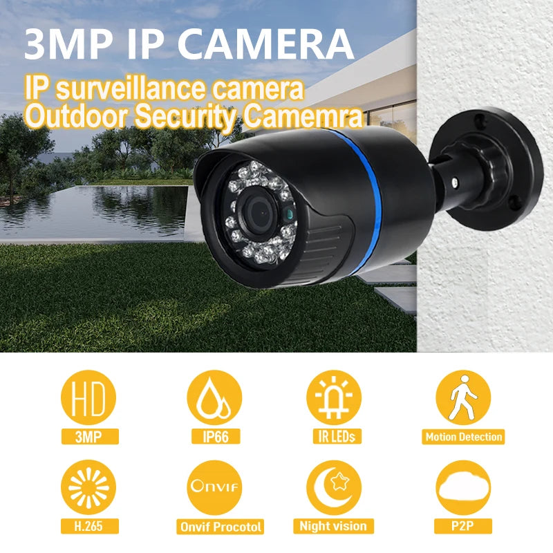 POE IP Camera IP65 Waterproof Bullet Outdoor 3MP 24Pcs IR LED Security Night CCTV System Video Surveillance