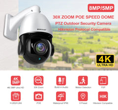 Outdoor 30X Zoom POE PTZ 4K 8MP 5MP H.265 Audio Speed Dome IP Camera Night Vision 80M CCTV Camera Hikvision Protocol Compatible