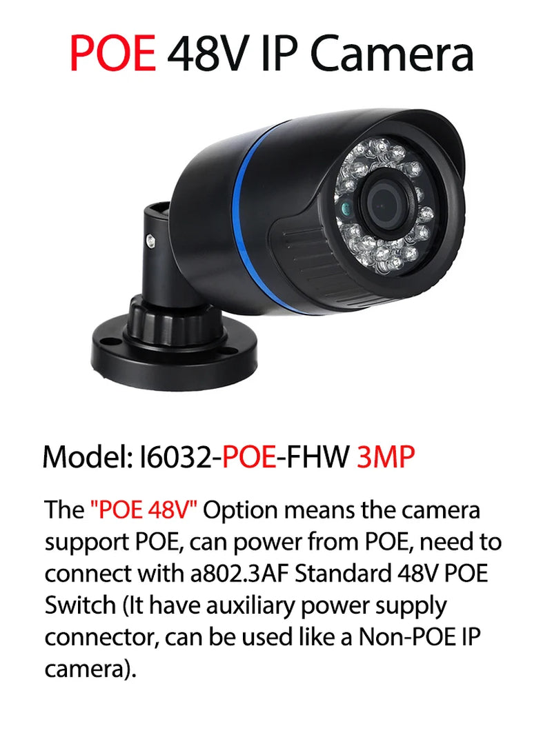 POE IP Camera IP65 Waterproof Bullet Outdoor 3MP 24Pcs IR LED Security Night CCTV System Video Surveillance