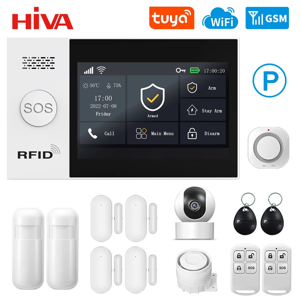 PG-107 Tuya Wireless WIFI GSM Home Burglar Alarm System IP Camera PIR Motion Sensor Door Sensor Security Alarm Kit APP Control