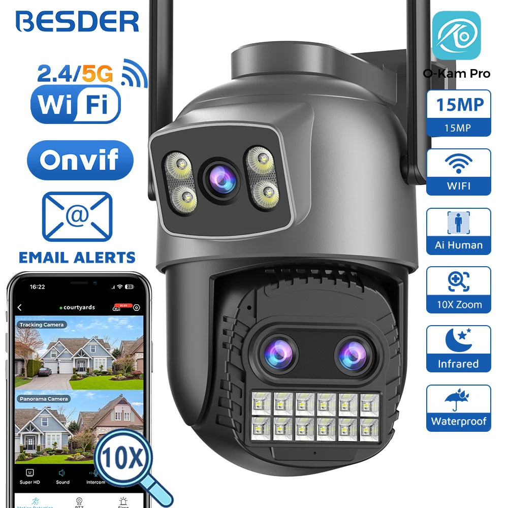 15MP Wifi Camera PTZ Outdoor Dual Screen 10X Digital Zoom Human Detection 10MP Security IP Camera Surveillance O-Kam Pro