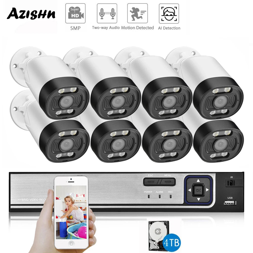 8CH 5MP NVR POE CCTV Camera Security System Kit Two Way Audio Ai IP Camera Outdoor Color Night Vision Surveillance Set