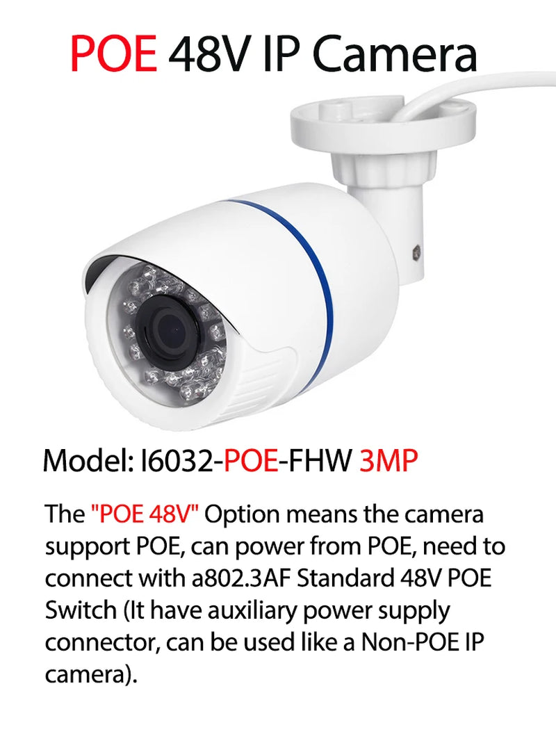 POE IP Camera IP65 Waterproof Bullet Outdoor 3MP 24Pcs IR LED Security Night CCTV System Video Surveillance